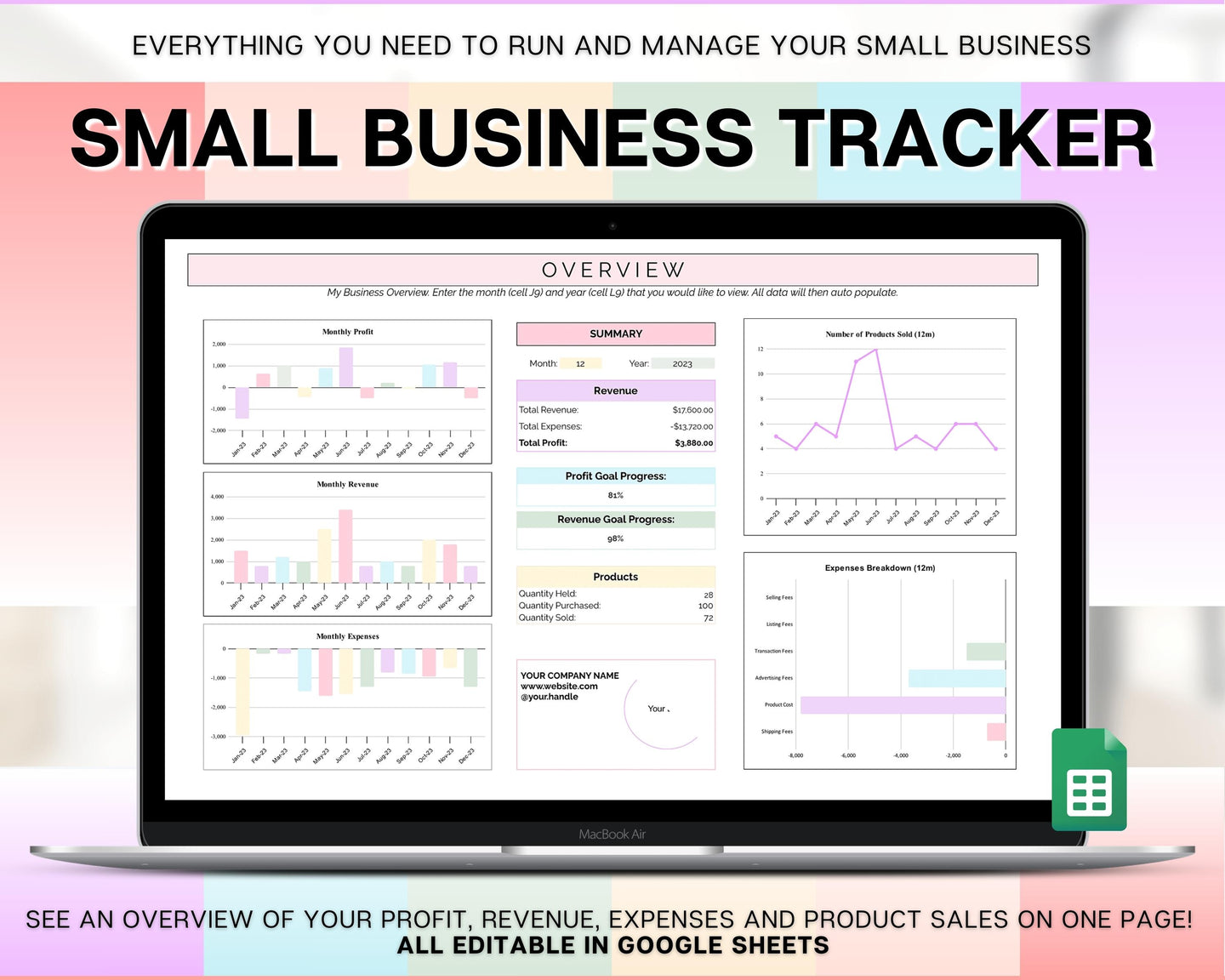 Small Business Bookkeeping Spreadsheet | Google Sheets Automated Business Expense Tracker & Product Invetory Tracker | Rainbow