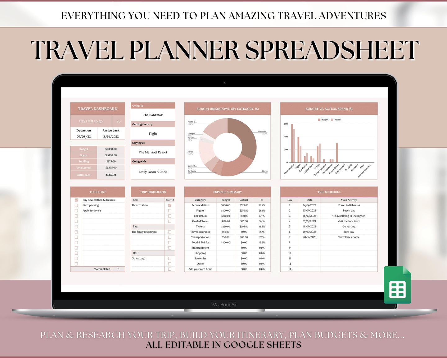 Digital Ultimate Travel Planner | Google Sheets Editable Travel Spreadsheet, Trip Expense Tracker, Packing List, Vacation Schedule | Nude