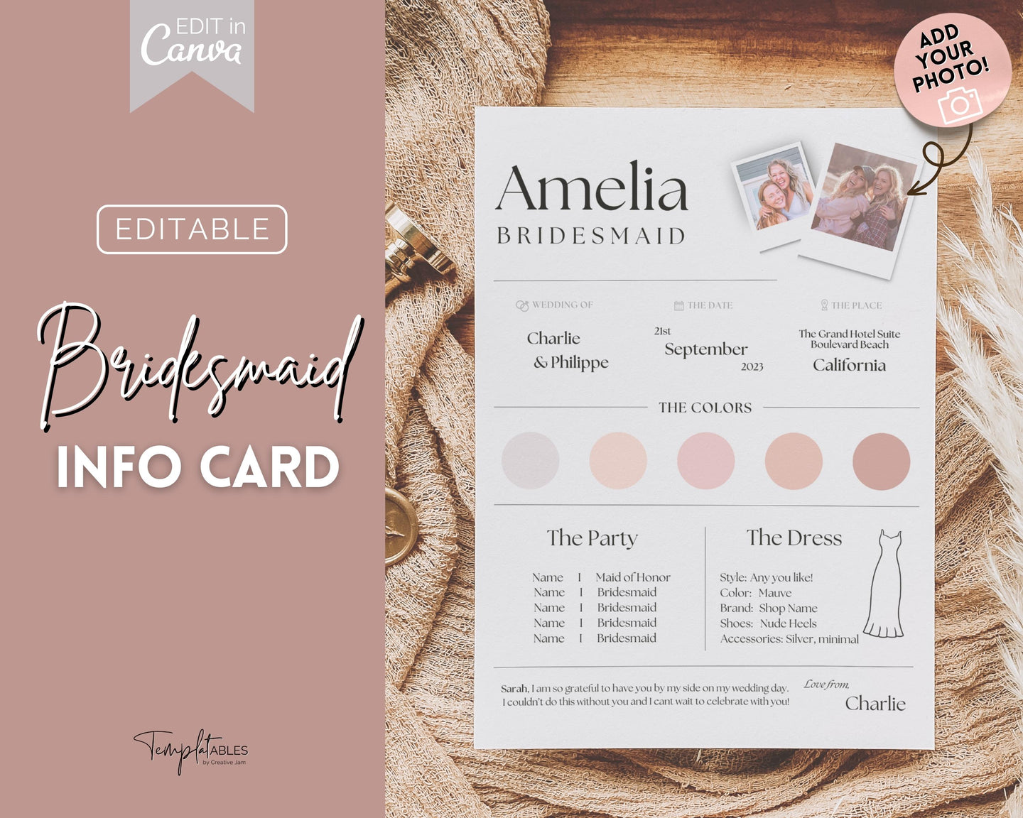 EDITABLE Bridesmaid Info Card | PHOTO Wedding Information & Iteniary Card Canva Template | Style 1