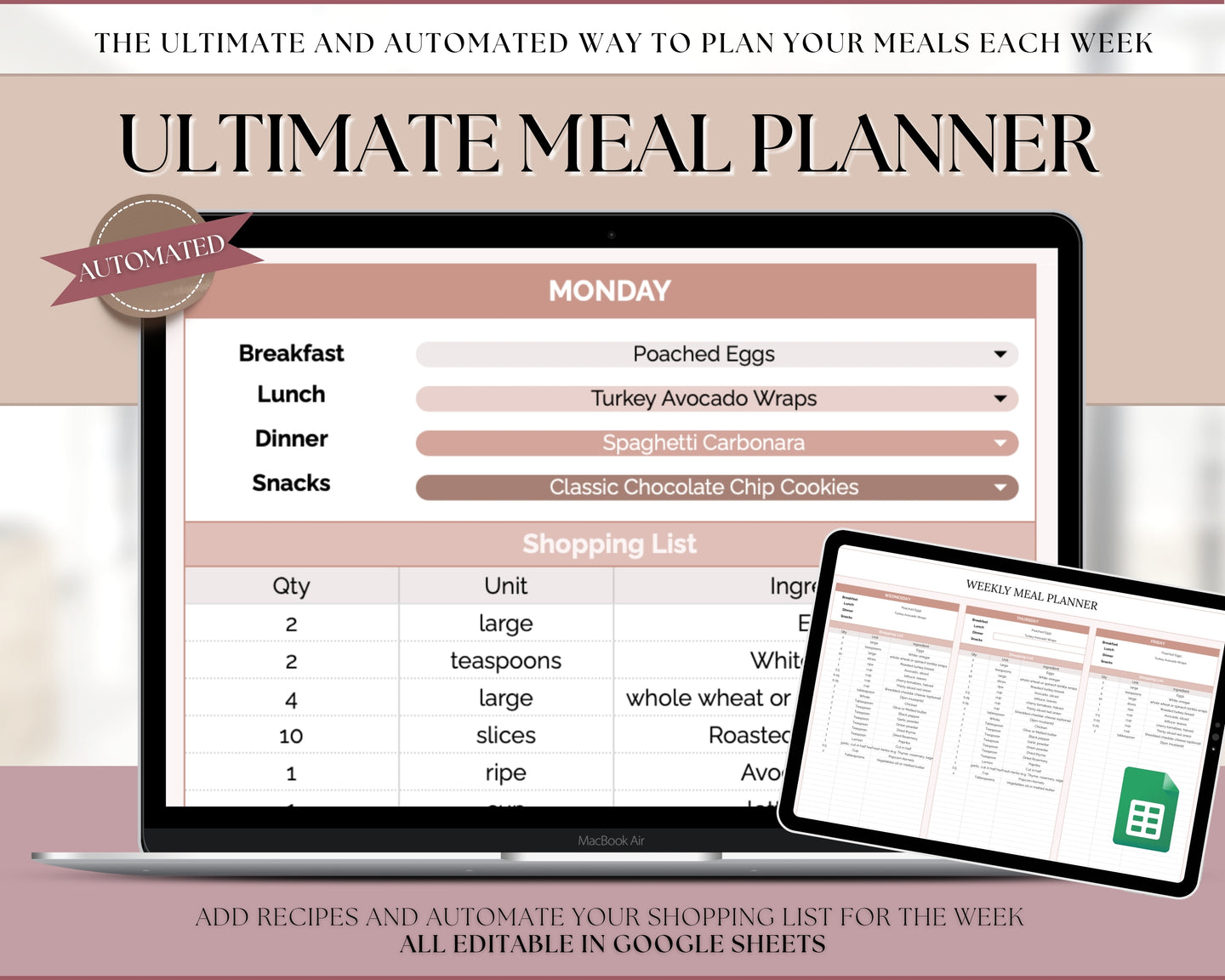Ultimate Meal Planner Spreadsheet | Perfect Recipe Template with AUTOMATED Grocery List, Family Meal Prep, Weekly Meal Plan & Shopping List | Google Sheets | Lux