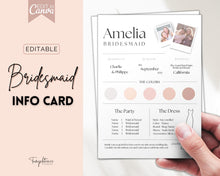 Load image into Gallery viewer, EDITABLE Bridesmaid Info Card | PHOTO Wedding Information &amp; Iteniary Card Canva Template | Style 1
