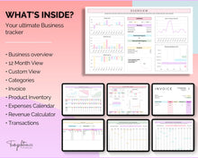 Load image into Gallery viewer, Small Business Bookkeeping Spreadsheet | Google Sheets Automated Business Expense Tracker &amp; Product Invetory Tracker | Rainbow
