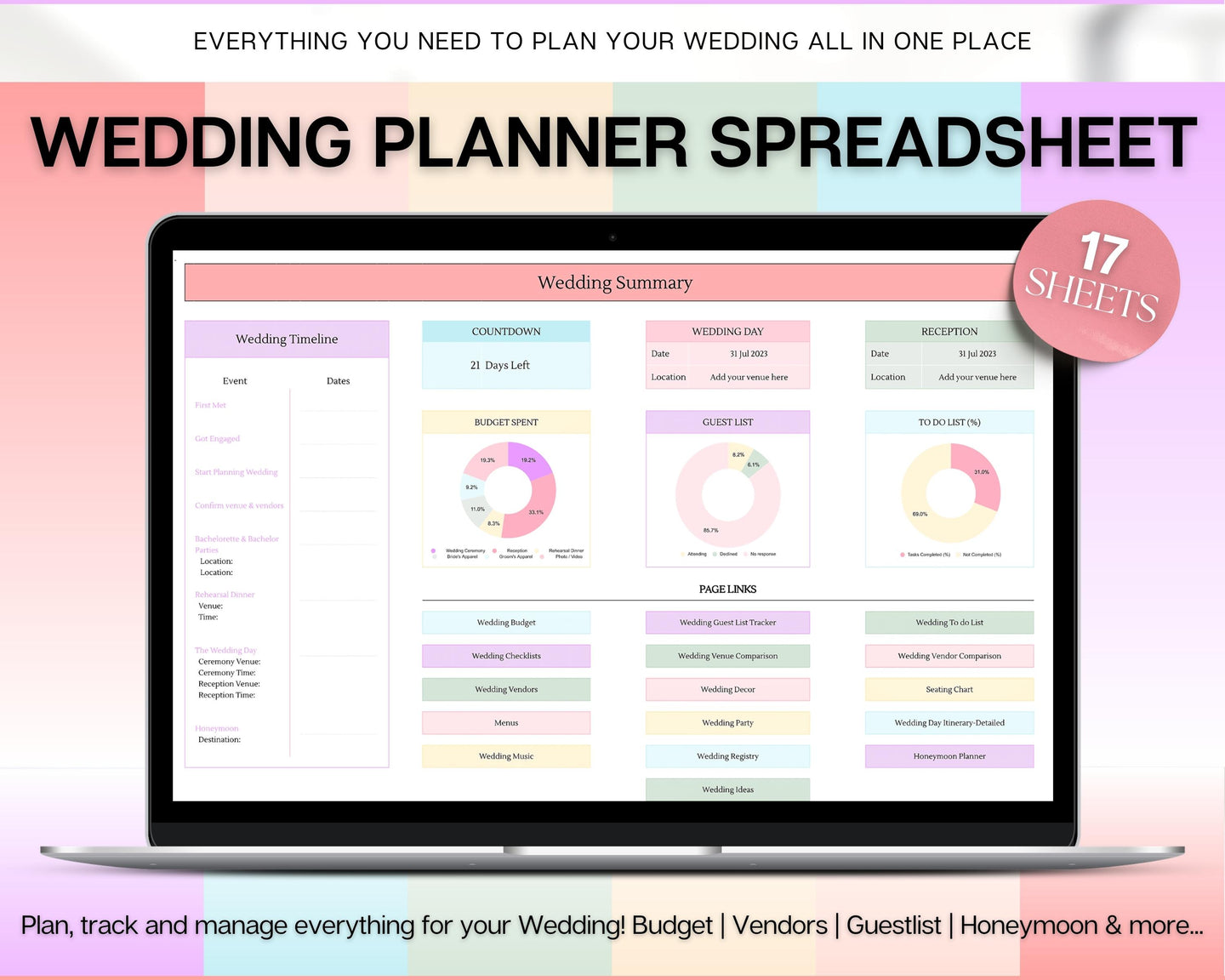 Wedding Planner Spreadsheet | Google Sheets Wedding Budget, Checklist and Schedule for Brides and Grooms | Rainbow