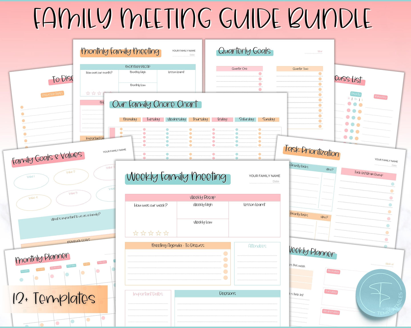 Family Meeting Guide - 12pg Printable Bundle with Meeting Agenda | Family Calendar, Household Planner & Home Organization | Colorful Sky
