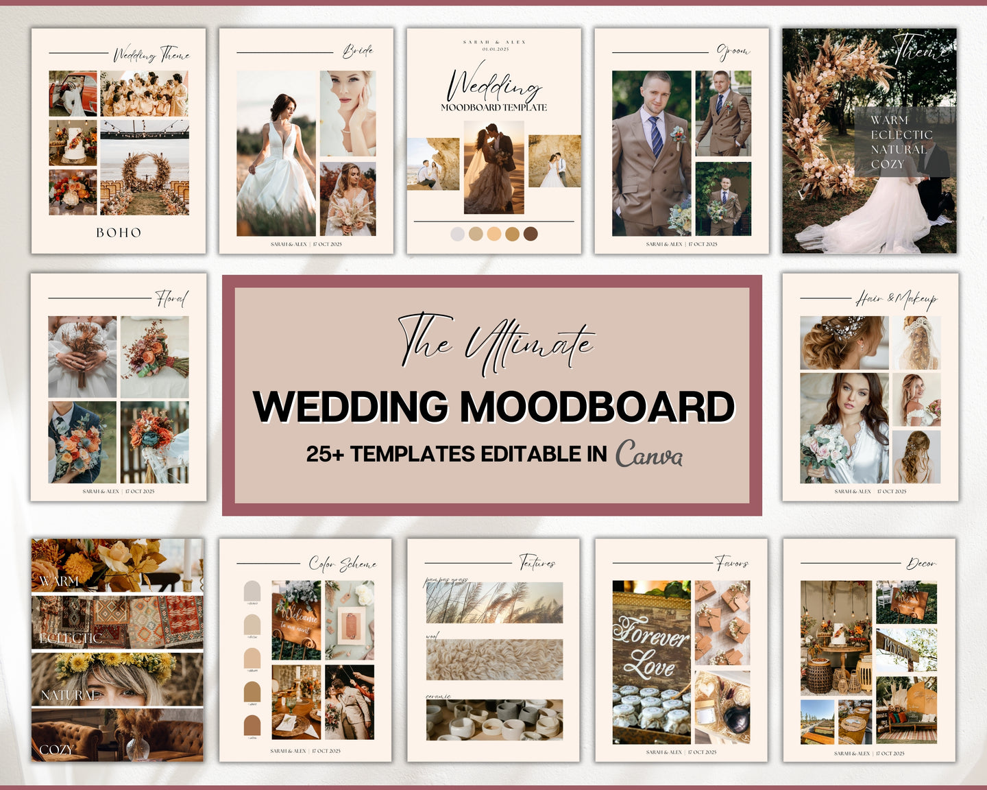 Ultimate Wedding Mood Board Template | Includes Editable Wedding Vision Board, Digital Vision board, Wedding Binder, Checklist, Theme & Canva | Boho