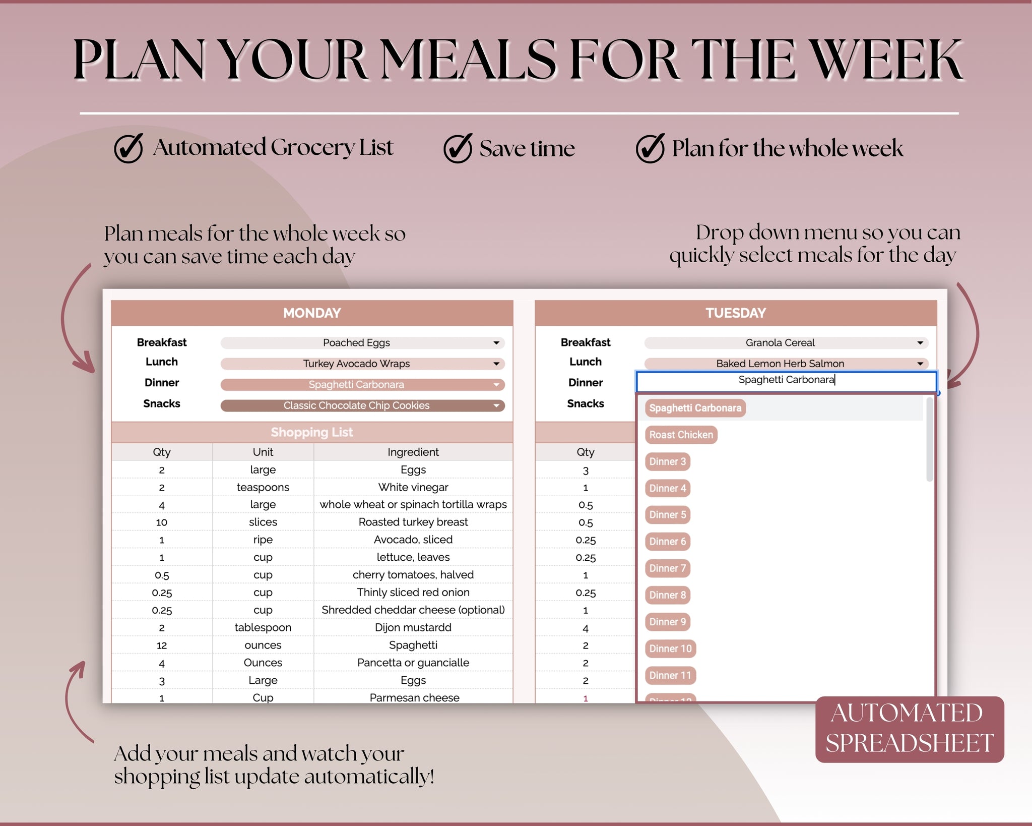 Food Spreadsheet Ultimate Meal Planner Spreadsheet - With recipes & grocery lists