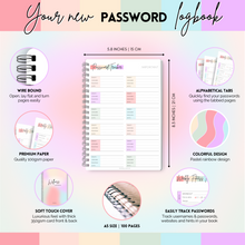 Load image into Gallery viewer, Password Logbook with Alphabetical Tabs | Password Organizer for Internet and Websites Journal Notebook | A5 Pastel Rainbow
