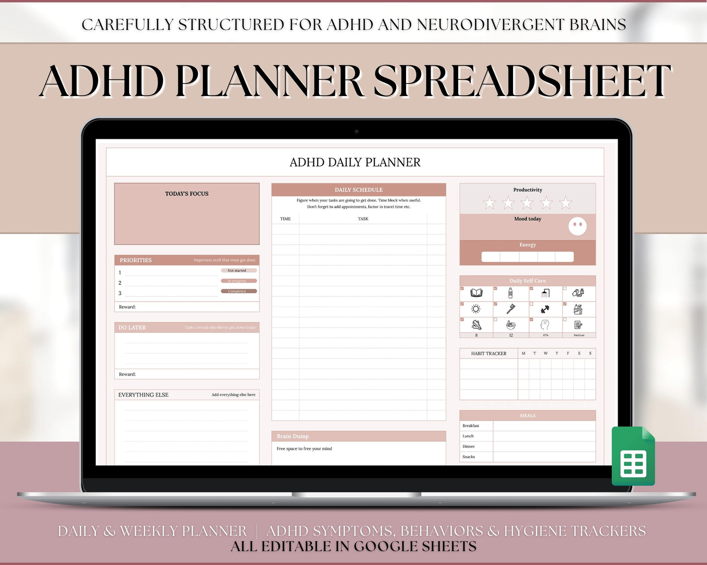 ADHD Planner Spreadsheet for Neurodivergent Adults | Google Sheets Daily & Weekly Planner, Symptom Tracker, Brain Dump & To Do Lists | Nude
