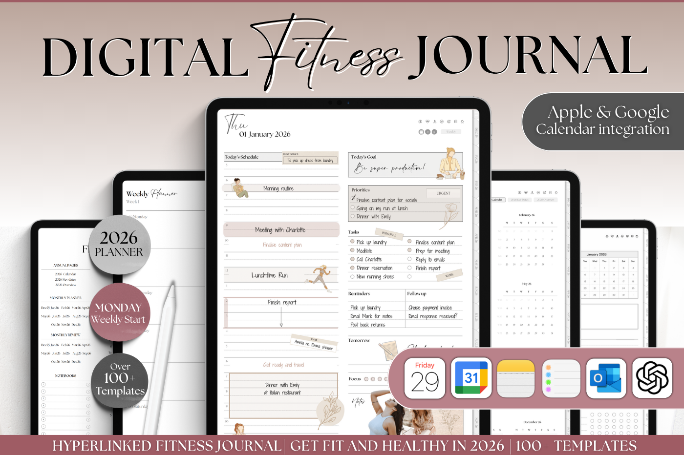 2026 Digital FITNESS planner, GoodNotes Fitness Planner, Fitness Journal, Weight Loss Tracker, iPad Workout Planner, Wellness Template (Mono)