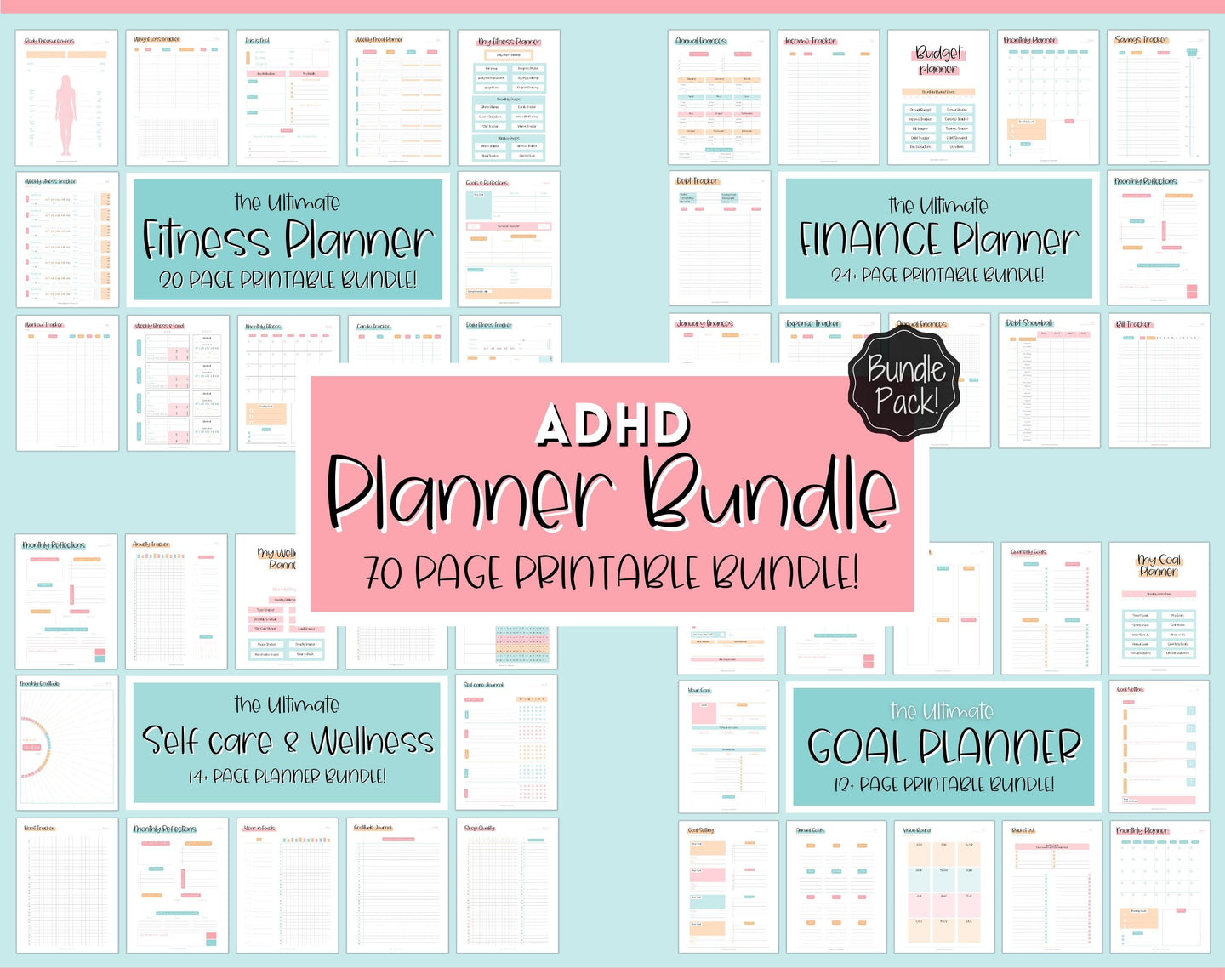 Ultimate ADHD Planner Bundle | Printable ADHD Neurodivergent Daily Life Planner, Fitness, Goal, Finances & Budget, Self Care Planner | Colorful Sky