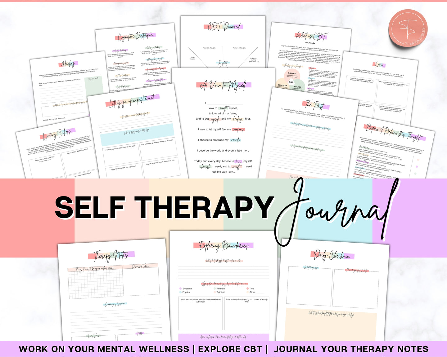 Self Therapy Journal Printable | 30+ Pages of Self-Therapy Workbook, Based on CBT, Guided Journal Prompts, Printable Worksheets, Shadow Work and Mindfulness |  Pastel Brit
