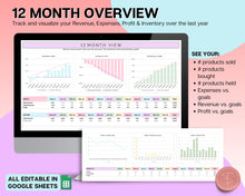 Load image into Gallery viewer, Small Business Bookkeeping Spreadsheet | Google Sheets Automated Business Expense Tracker &amp; Product Invetory Tracker | Rainbow
