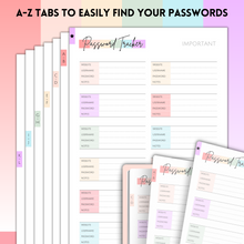 Load image into Gallery viewer, Password Logbook with Alphabetical Tabs | Password Organizer for Internet and Websites Journal Notebook | A5 Pastel Rainbow

