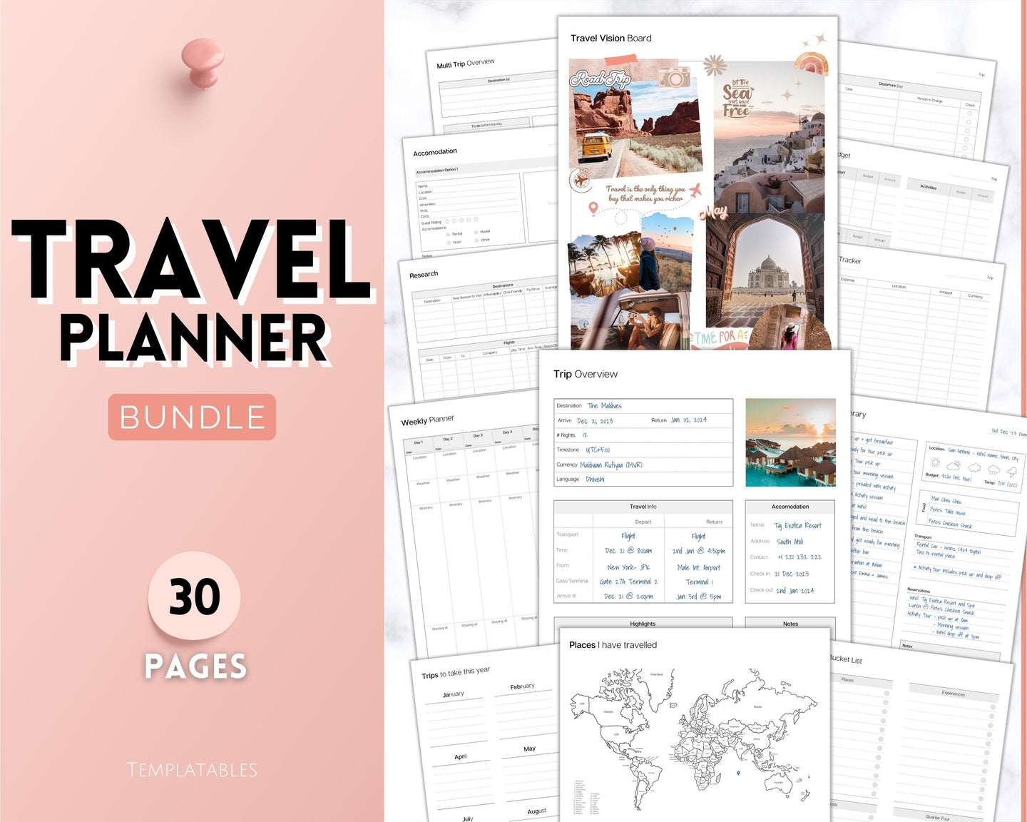 Ultimate Travel Planner Bundle | 30 Templates for Trip and Vacation Planning, Roadtrip Diary, and Holiday Journal - Includes Packing Lists!