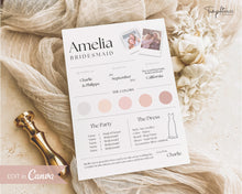 Load image into Gallery viewer, EDITABLE Bridesmaid Info Card | PHOTO Wedding Information &amp; Iteniary Card Canva Template | Style 1
