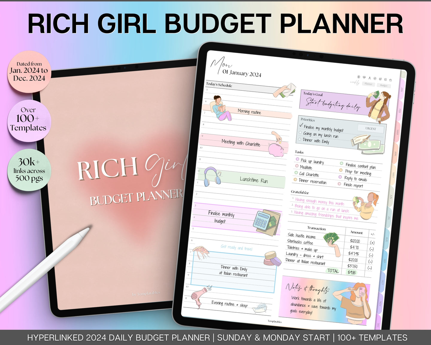 2024 RICH GIRL Digital Budget Planner | 2024 GoodNotes Planner & Daily Weekly Monthly Budget | For Expenses & Financial Spending Income Savings Debt | Colorful