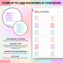Load image into Gallery viewer, Password Logbook with Alphabetical Tabs | Password Organizer for Internet and Websites Journal Notebook | A5 Pastel Rainbow

