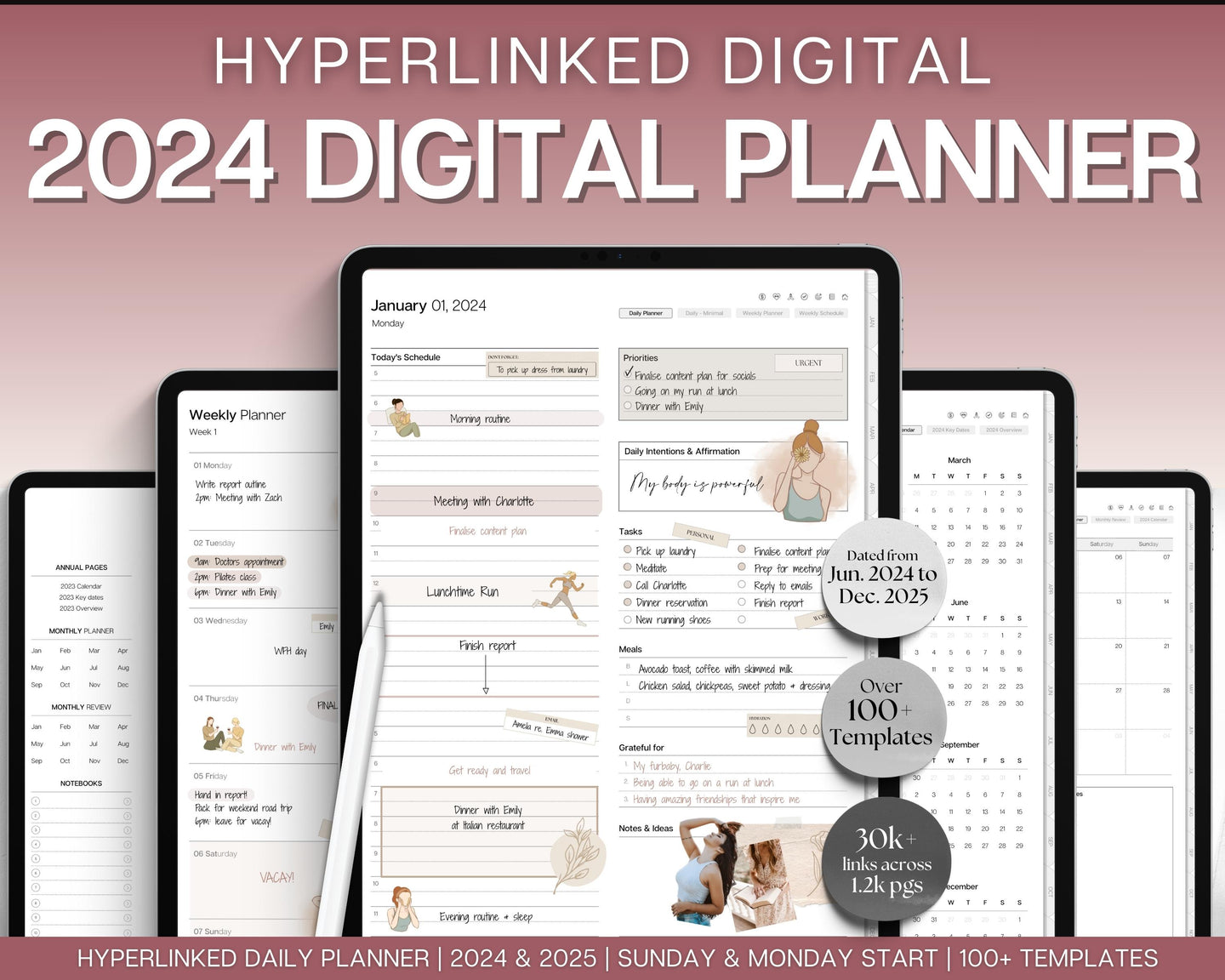 2024 Ultimate Digital Planner | Daily, Weekly, Monthly Planner for iPad & GoodNotes, That Girl Aesthetic, 2024 & 2025 | Mono