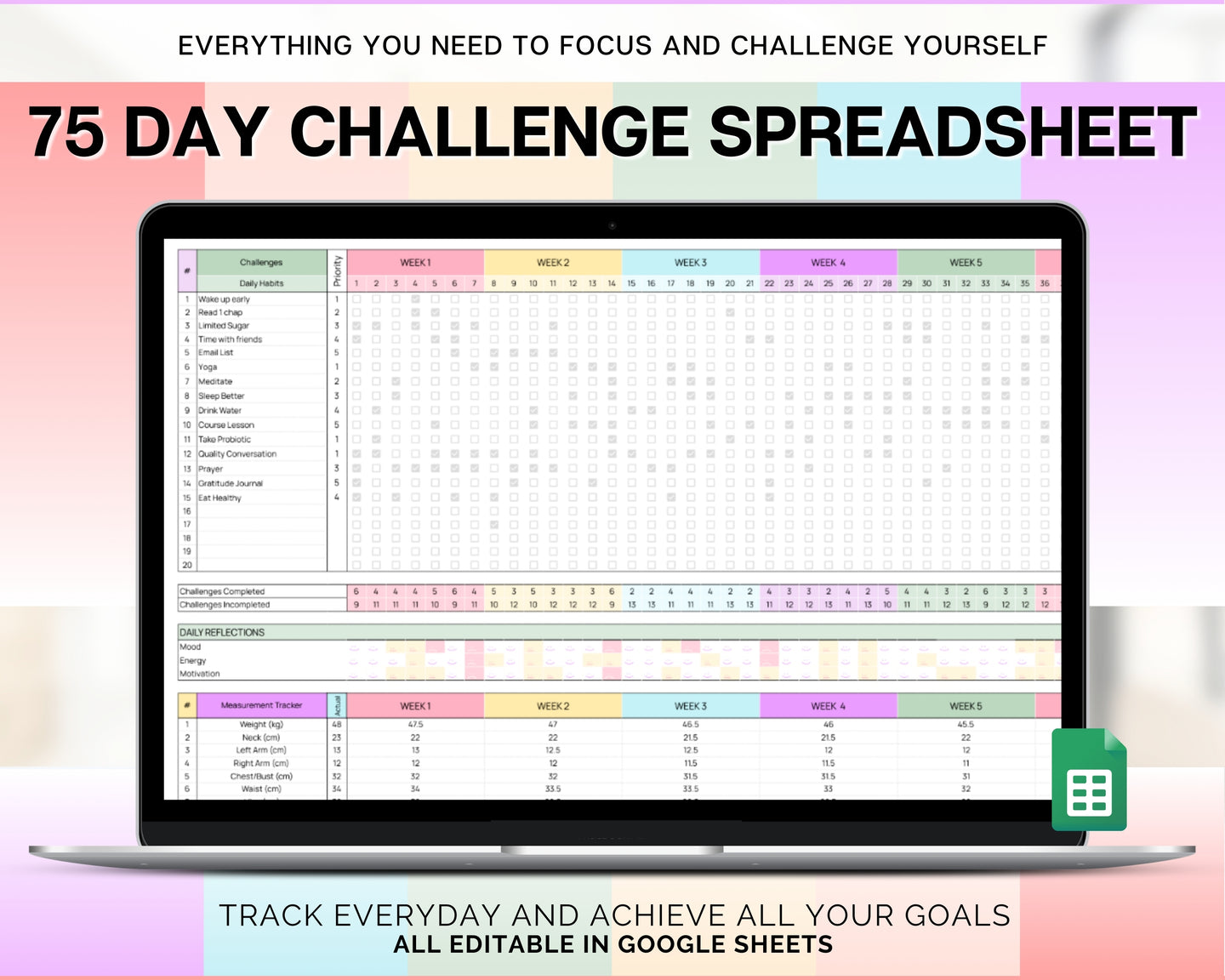 Editable 75 Day Challenge Tracker | 75 soft, 75 medium, 75 Easier & 75 Hard | Google Sheets Spreadsheet