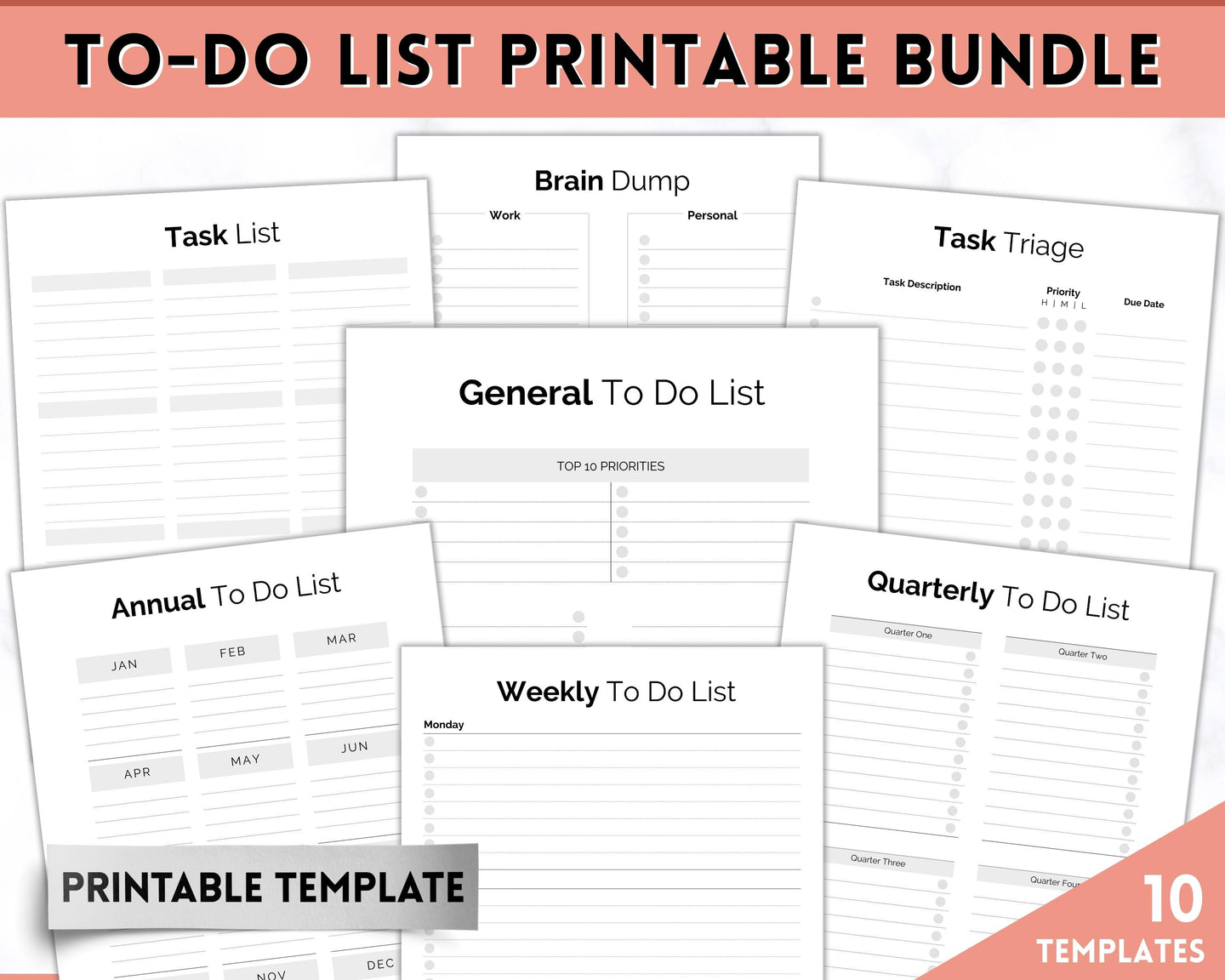 To Do List Printable Bundle - 10 Page Daily, Weekly & Annual Productivity Planner | Digital ADHD Brain Dump Template | Mono
