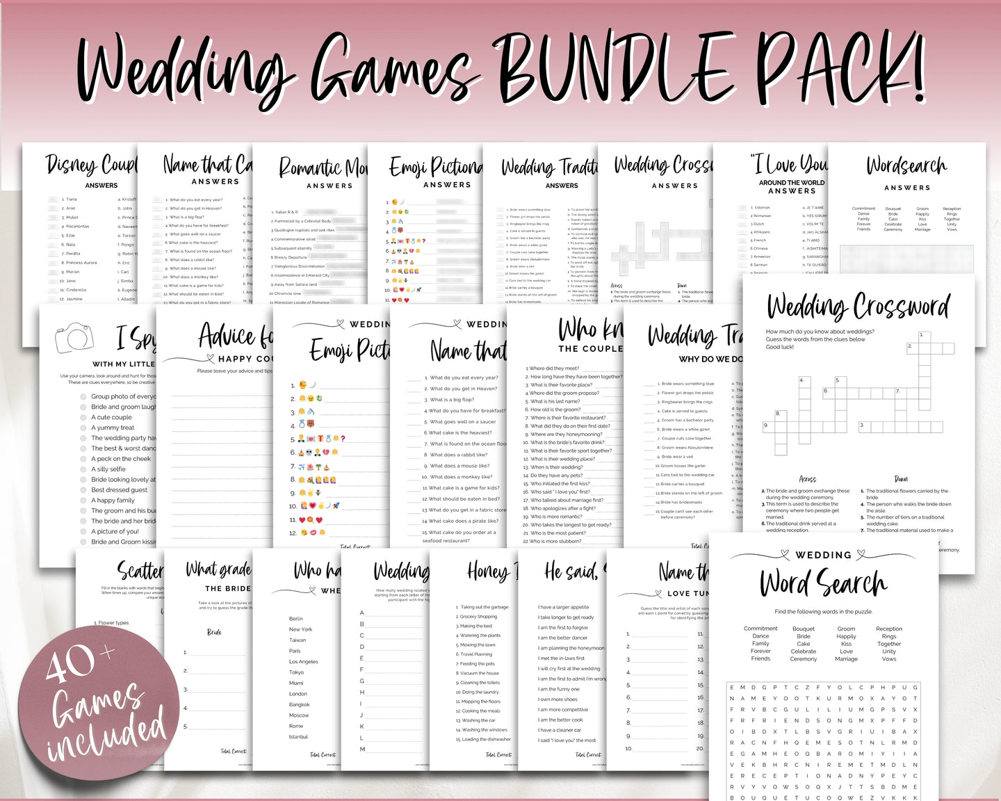 Wedding Table Games BUNDLE | 40 Wedding Games including Reception Party Games, I Spy Wedding Game, Crossword, Advice, Ice Breaker & Printable Games