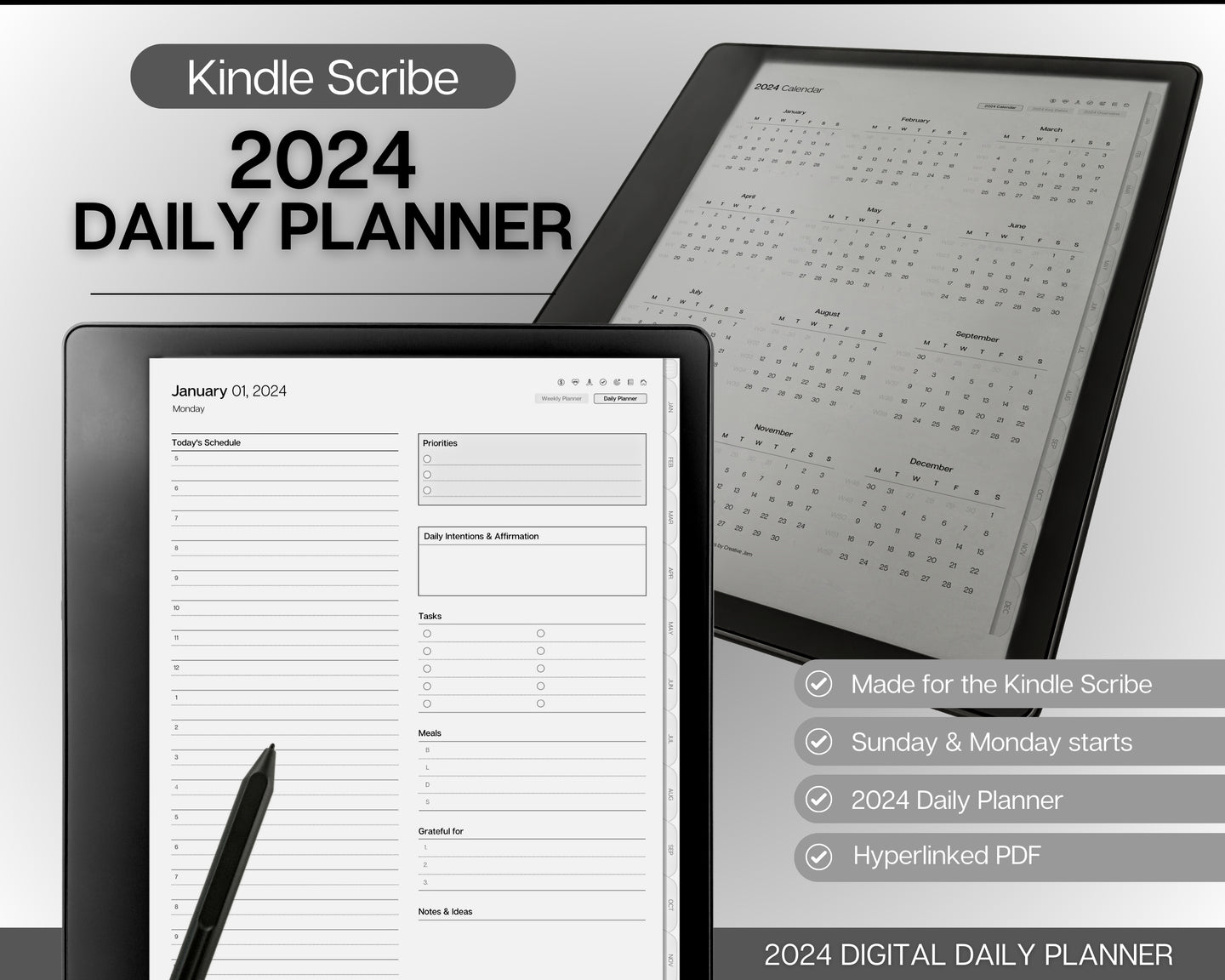 2024 Kindle Scribe DAILY Planner | Hyperlinked Digital Planner & Kindle Scribe Templates