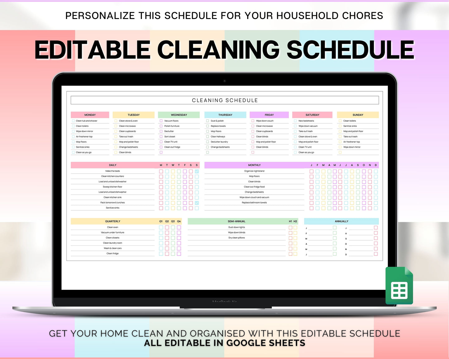 EDITABLE Cleaning Schedule Spreadsheet | Includes Cleaning Planner, Cleaning Checklist, Weekly House Chores & Adhd Cleaning Clean Home | Colorful