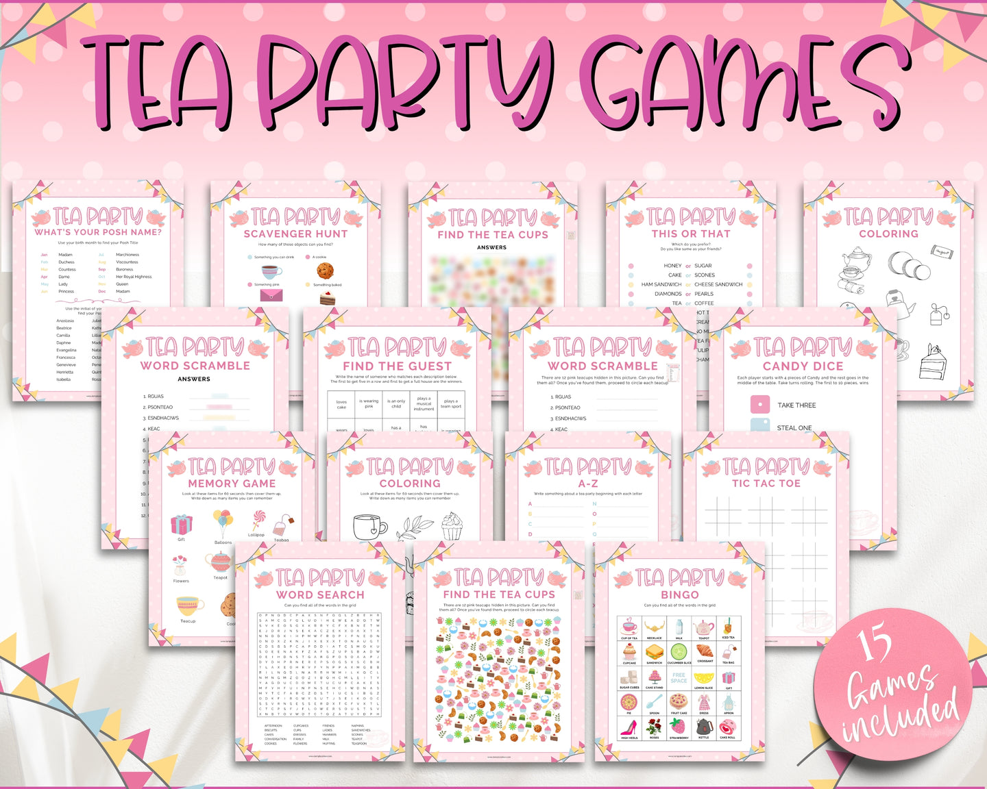 Tea Party Games Bundle | With 15 Girls Afternoon Tea Party Games, Birthday Decor, Favors, Bingo, Wordsearch, Trivia & Easy Printable Games | Pink