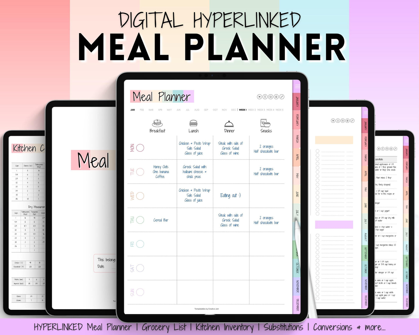 Digital GoodNotes Meal Planner | Colorful iPad Weekly Meal Plan, Grocery List & More | Pastel Rainbow