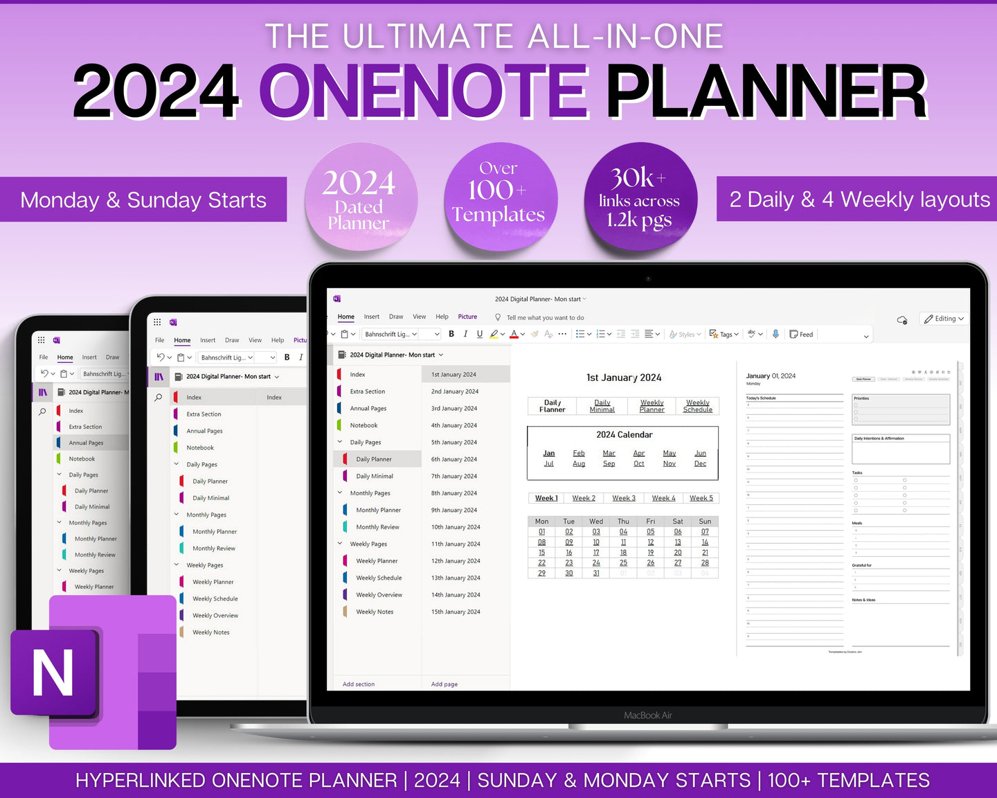 2024 OneNote Digital Planner | OneNote Template for Daily, Weekly & Monthly Planning | Minimalist
