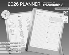 Load image into Gallery viewer, 2026 Daily Planner for the reMarkable | Hyperlinked Digital Planner with templates for reMarkable tablets, Calendar &amp; Task List Planner | Minimalist
