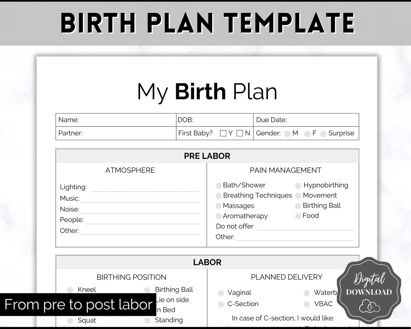 Printable Birth Plan Template | Birth Preferences, Birthing Plan Checklist, Pregnancy Planner, Natural Birth & Hypnobirthing | Mono