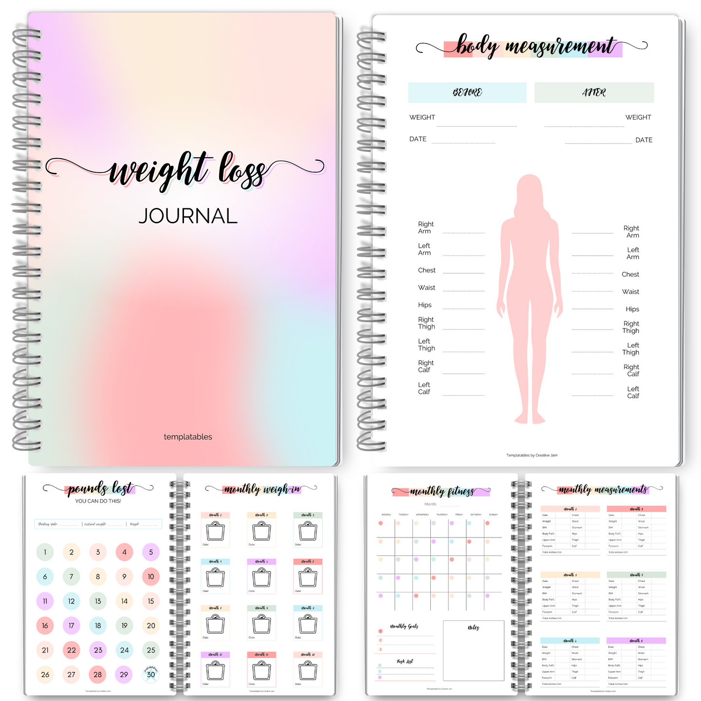 12 Week Weight Loss Journal | Pounds Lost & Body Measurements Tracker | A5 Pastel Rainbow