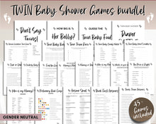 Load image into Gallery viewer, TWIN Baby Shower Games BUNDLE | 45 Twins Baby Shower Activity, Twin Trivia, whats in your purchase, Bingo, Word Scramble, Boho &amp; Woodland Themes
