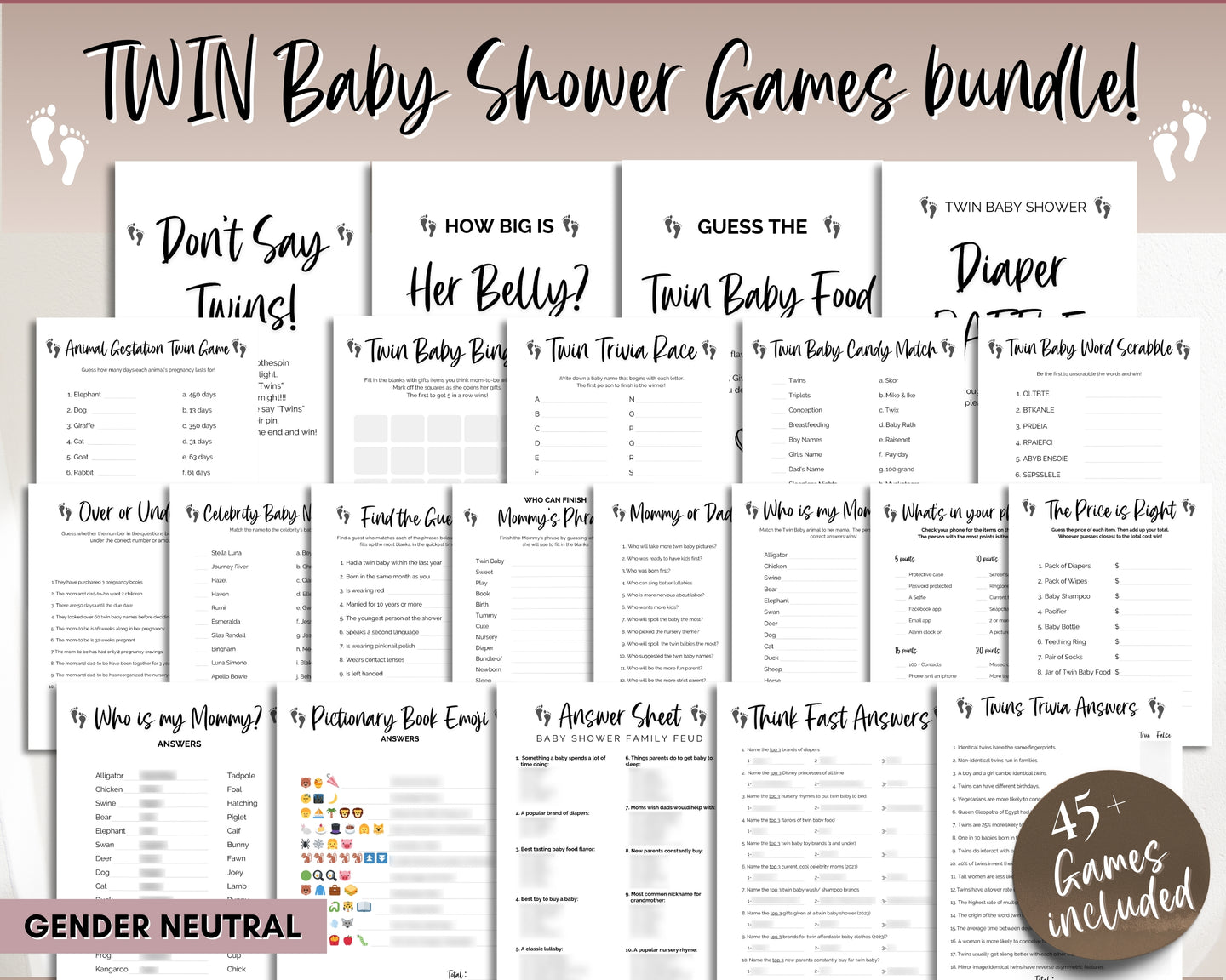 TWIN Baby Shower Games BUNDLE | 45 Twins Baby Shower Activity, Twin Trivia, whats in your purchase, Bingo, Word Scramble, Boho & Woodland Themes
