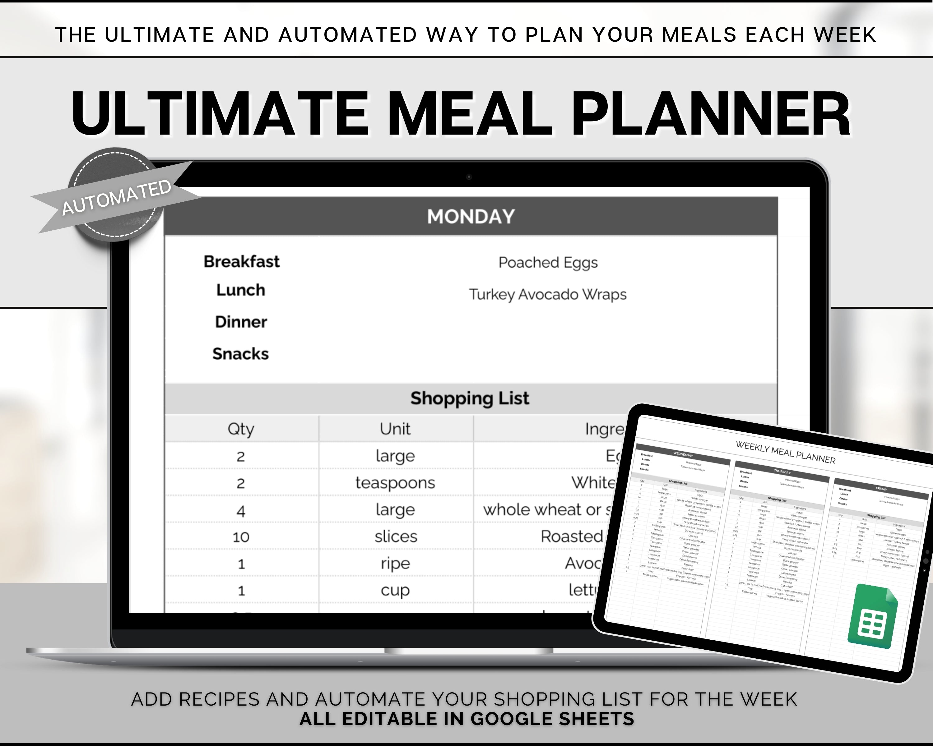 Food Spreadsheet Ultimate Meal Planner Spreadsheet - Your All-in-One Meal Spreadsheet!
