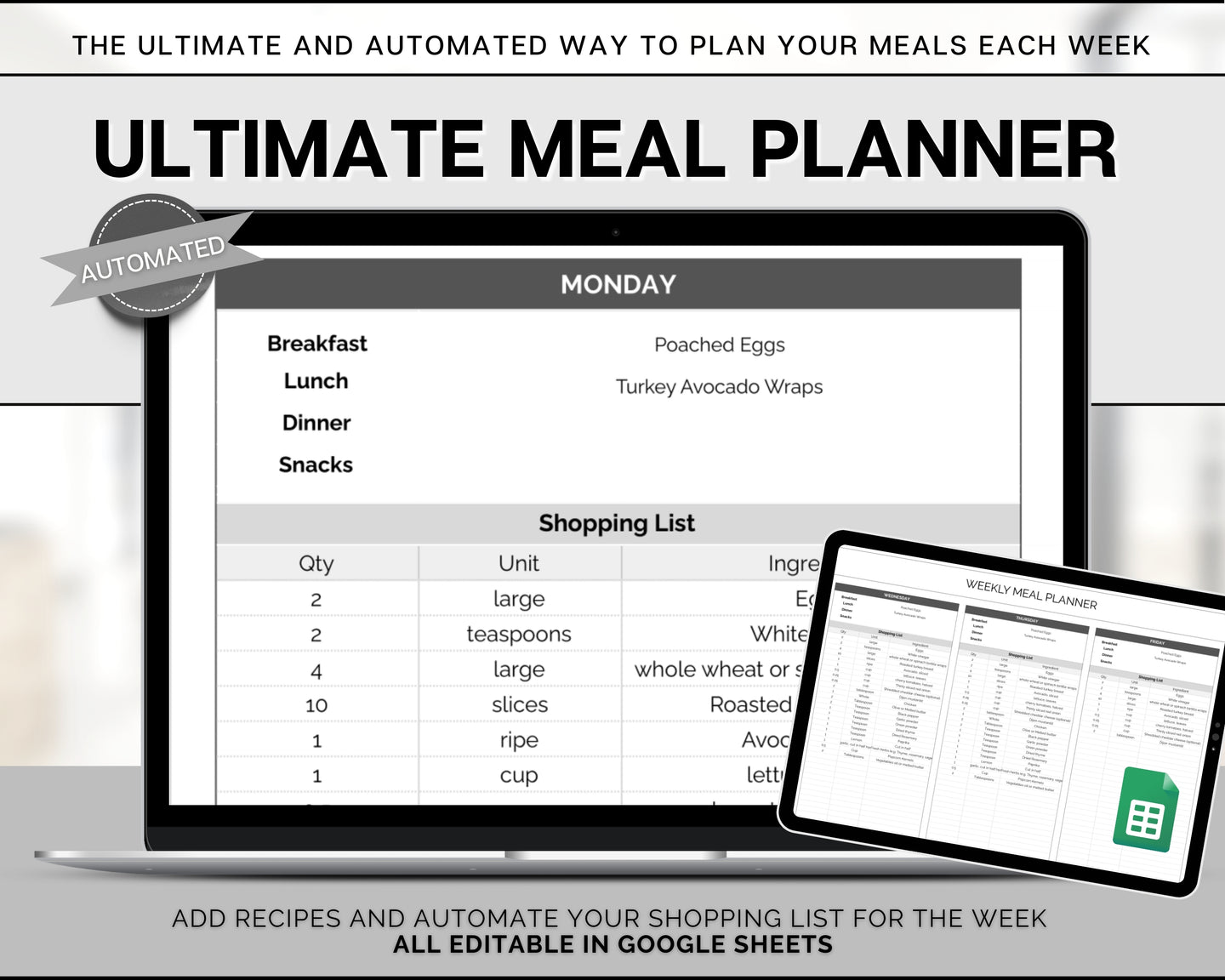 Ultimate Meal Planner Spreadsheet | Perfect Recipe Template with AUTOMATED Grocery List, Family Meal Prep, Weekly Meal Plan & Shopping List | Google Sheets | Mono