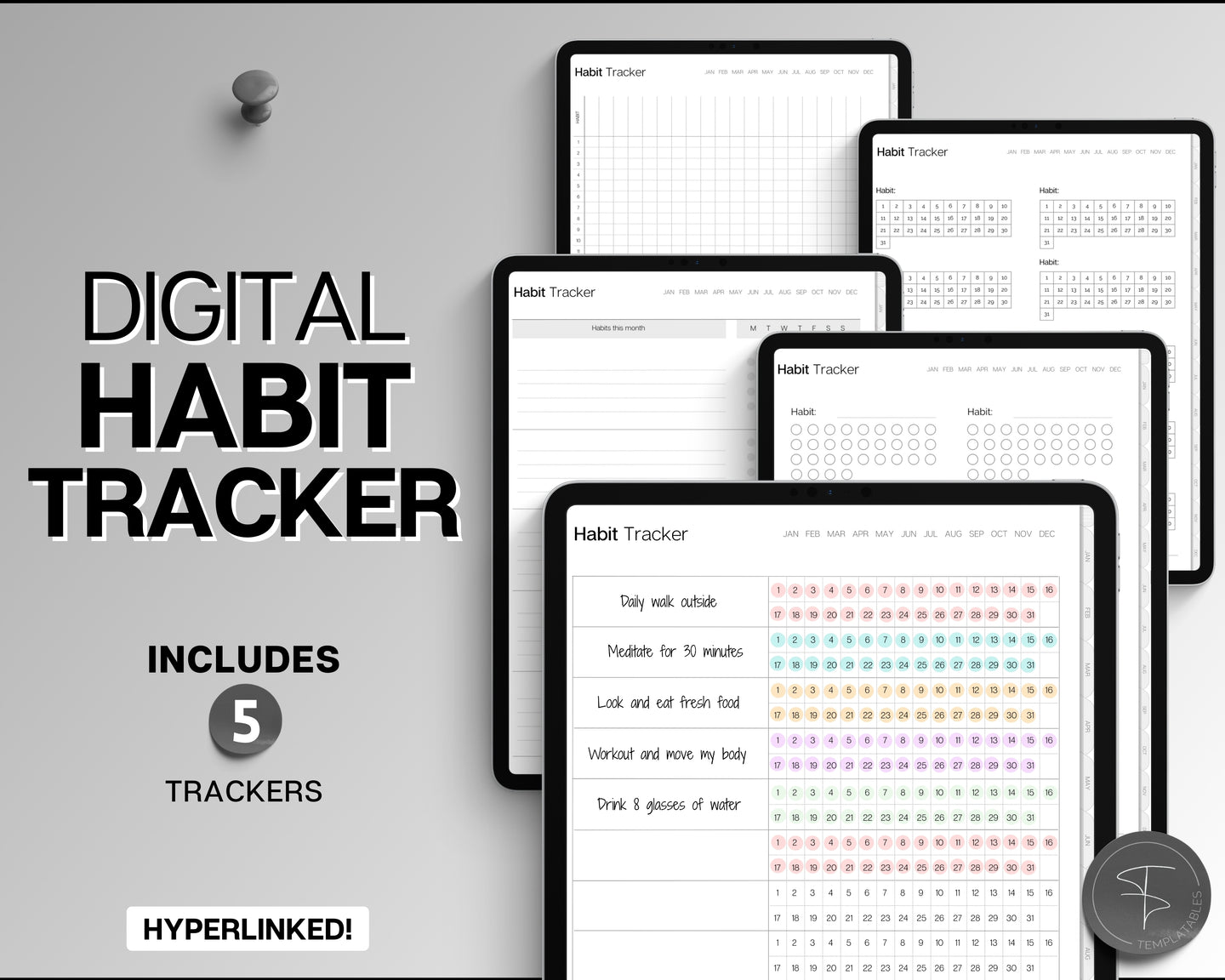 Digital Habit Tracker | Daily, Monthly & Yearly Habit Tracker | Simple Goal & Routine Tracker for GoodNotes & iPad | Mono