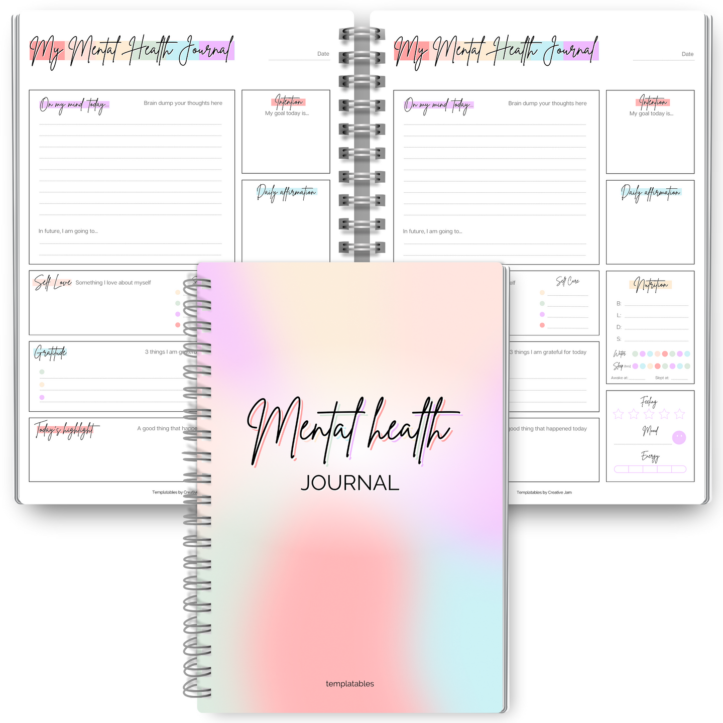 Mental Health Journal | Daily Gratitude, Self Care, Intentions, Affirmations and Nutrition | A5 Pastel Rainbow