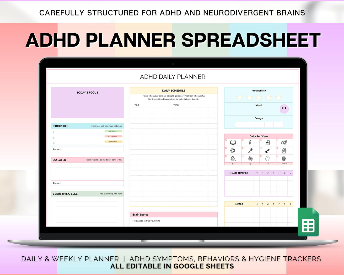 ADHD Planner Spreadsheet for Neurodivergent Adults | Google Sheets Daily & Weekly Planner, Symptom Tracker, Brain Dump & To Do Lists | Rainbow