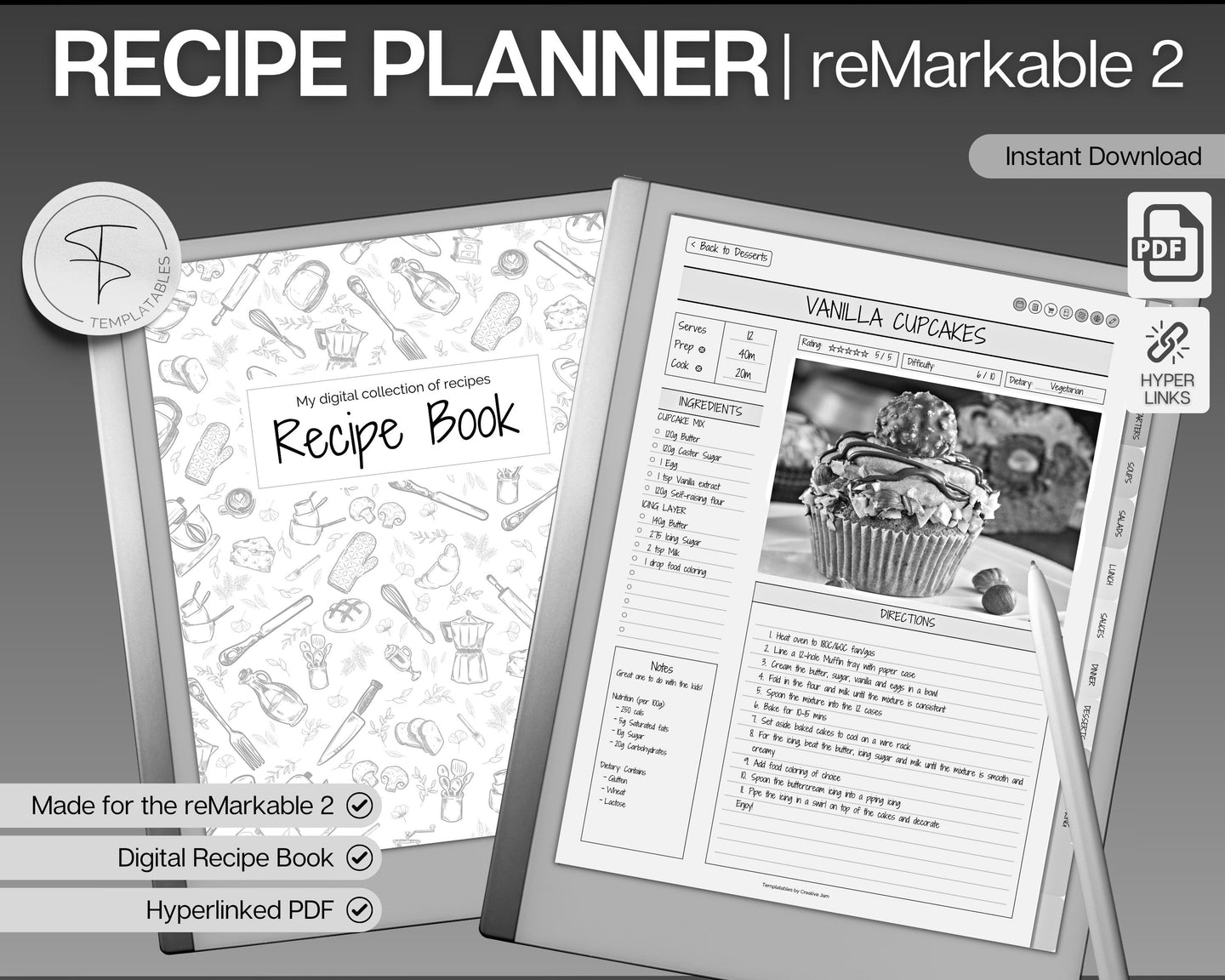 Digital Recipe Book for reMarkable 2 | With 8 Recipe Templates, Digital Meal Planner, Cookbook Template, Recipe Binder Kit & Blank Recipe Card
