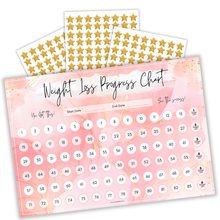 Load image into Gallery viewer, Weight Loss Progress Chart Poster with 88 Gold Star Stickers – A4 Size | Pastel Pink Watercolour Design | Thick 450gsm Card | Track Every Pound Lost | Wall Chart for Slimming Motivation (Pink)
