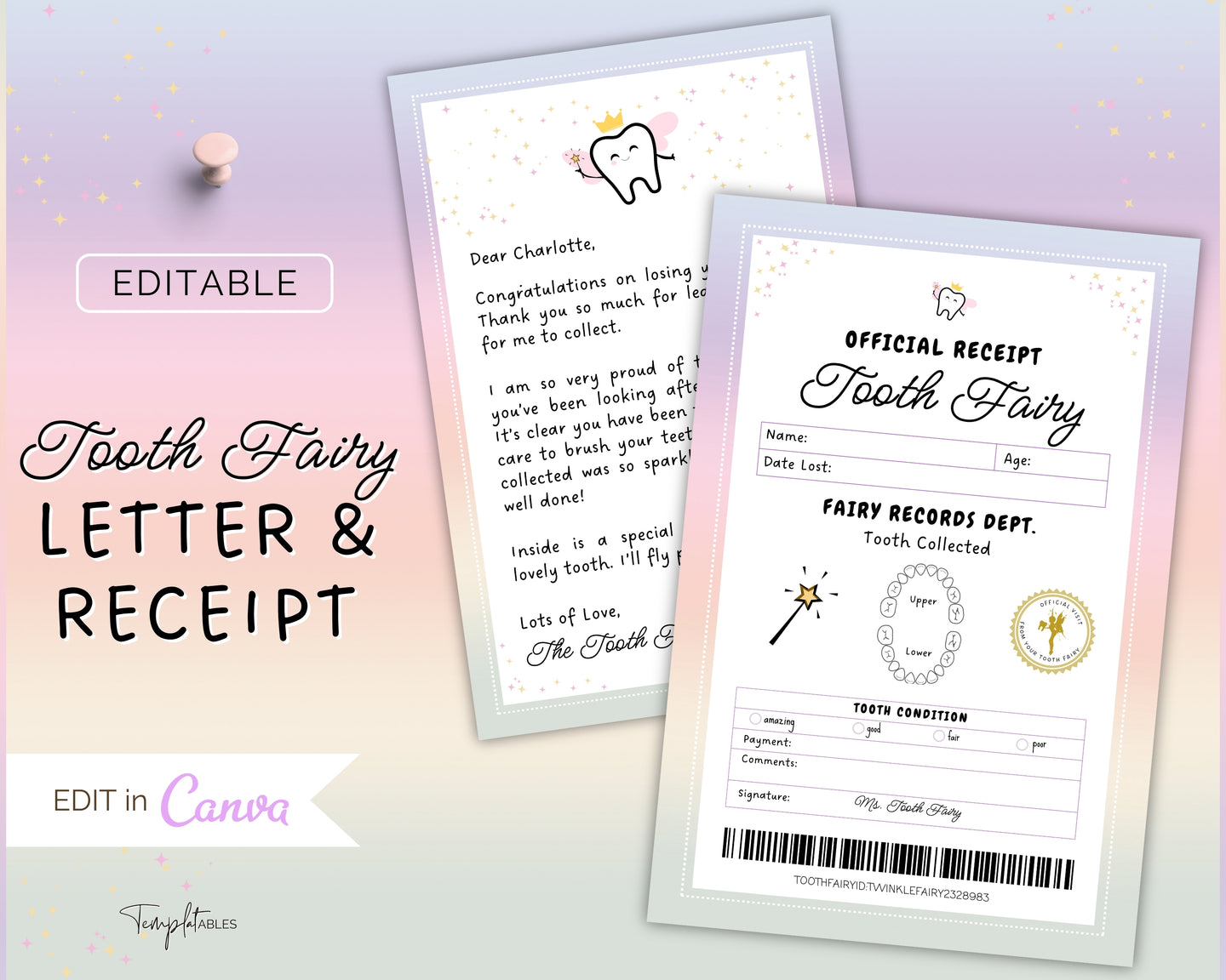 EDITABLE Tooth Fairy Letter | Tooth Fairy Receipt Template with Note, Toothfairy Certificate, Canva Template, Lost or First Tooth Gift