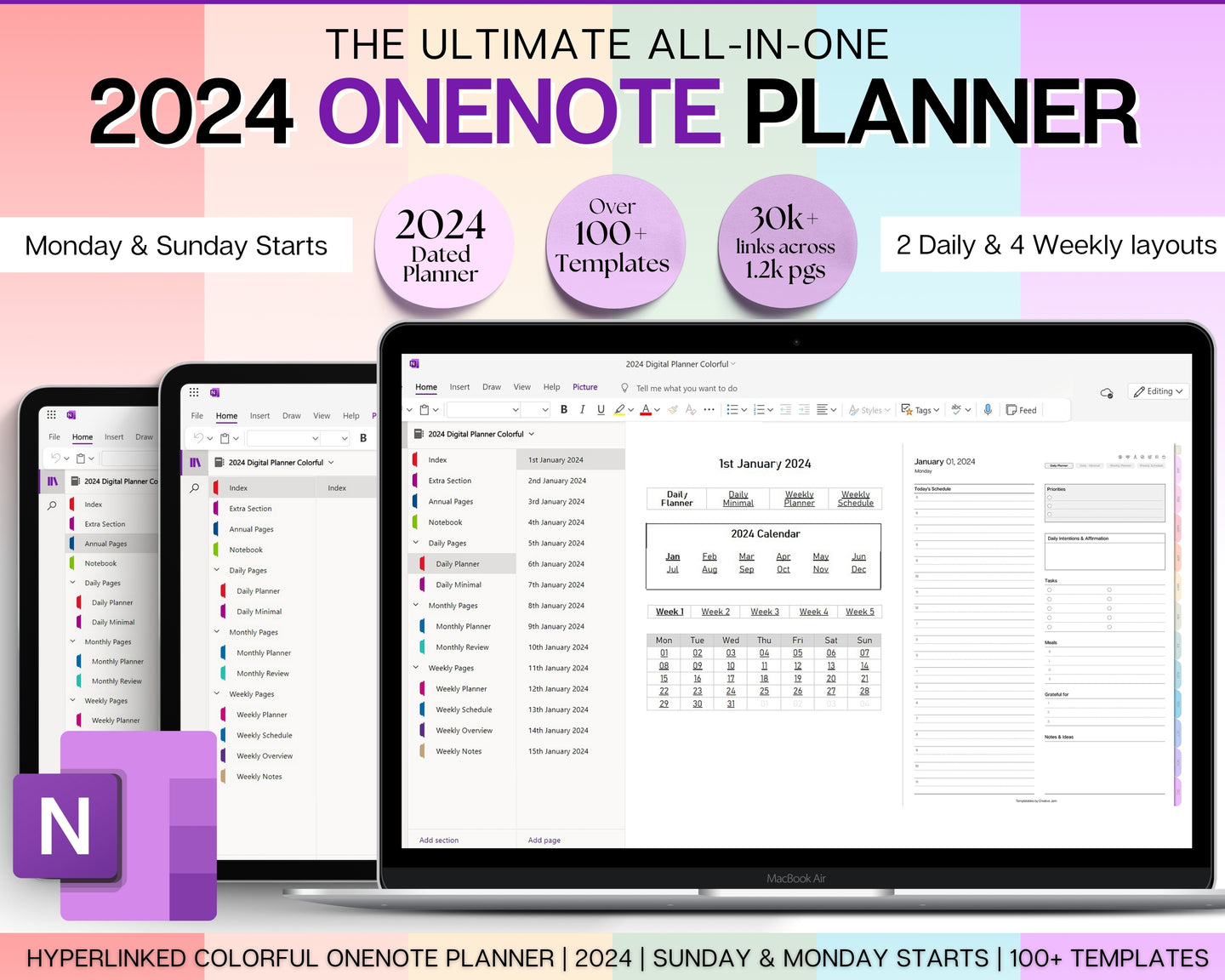 2024 OneNote Digital Planner | OneNote Template for Daily, Weekly & Monthly Planning | Colorful