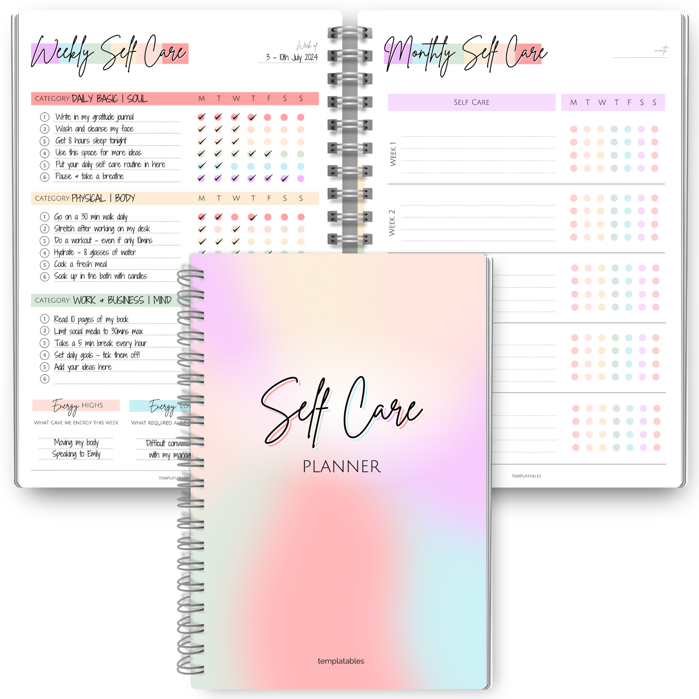 Self Care Planner | 1 Year Wellness, Self-Care, Health & Wellbeing Planner to Start and Build your Self Care Routine | A5 Pastel Rainbow