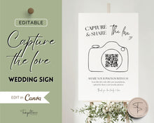 Load image into Gallery viewer, Editable Capture the Love QR Code Sign | EDITABLE Wedding Reception Signage for Camera, Wedding Table games, QR Code Canva Template &amp; Modern Photo Sign
