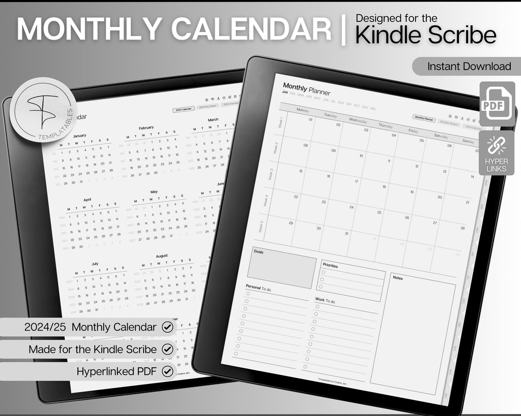 2024 Monthly Planner for Kindle Scribe Monthly Calendar 2025