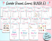 Load image into Gallery viewer, Gender Reveal Games Bundle | Includes Gender reveal party, Baby announcement, What will baby be, Bingo, Baby predictions &amp; Blue or pink party games | Balloons
