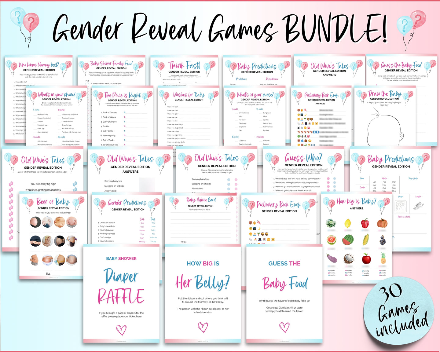 Gender Reveal Games Bundle | Includes Gender reveal party, Baby announcement, What will baby be, Bingo, Baby predictions & Blue or pink party games | Balloons