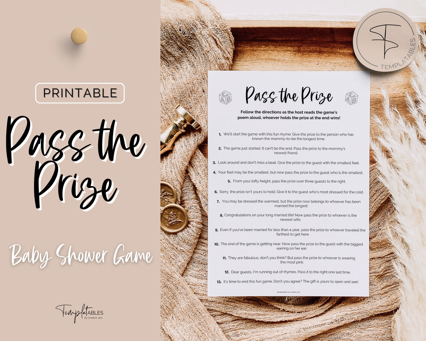Pass the Prize Game | Includes Baby Shower Games, Printable Baby Shower Template, Pass the Gift Game, Gender Neutral & Woodland Theme, Minimalist | Boho
